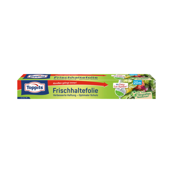 Toppits Frischhaltefolie, mit Easy-Cut-System, 32,5 cm breit, mit 70 % recycelten Ressourcen, mit Abreiß-Säge, 20 Meter